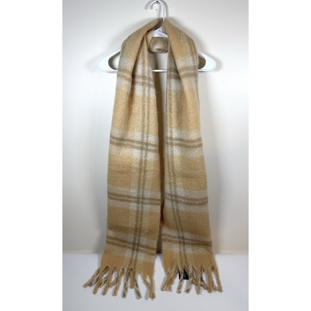 New Anthropologie Plaid Scarf Tan Oversized Fringe Blanket Wrap 84x15 Soft Cozy